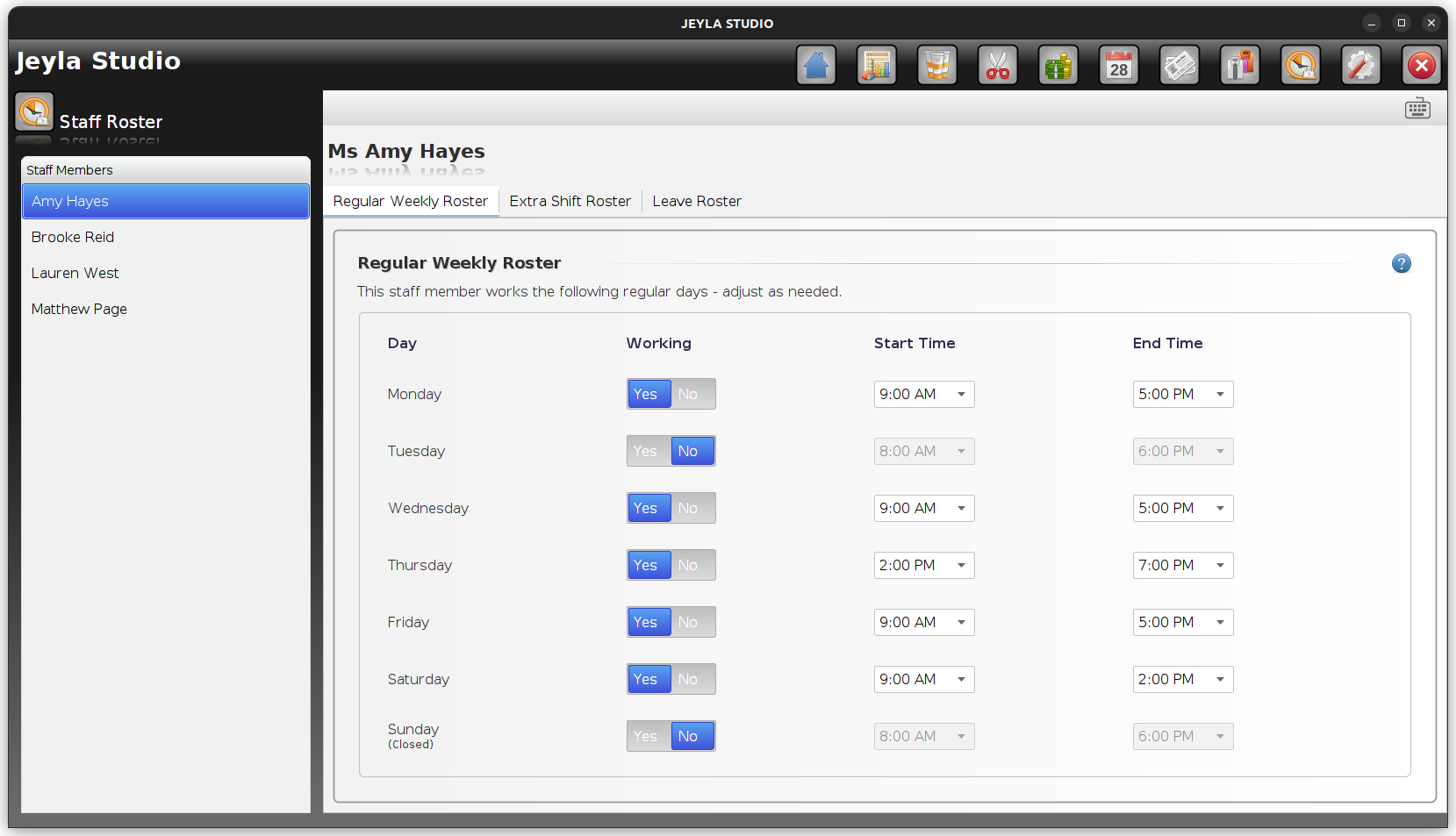 Jeyla Studio salon software - staff rostering screen