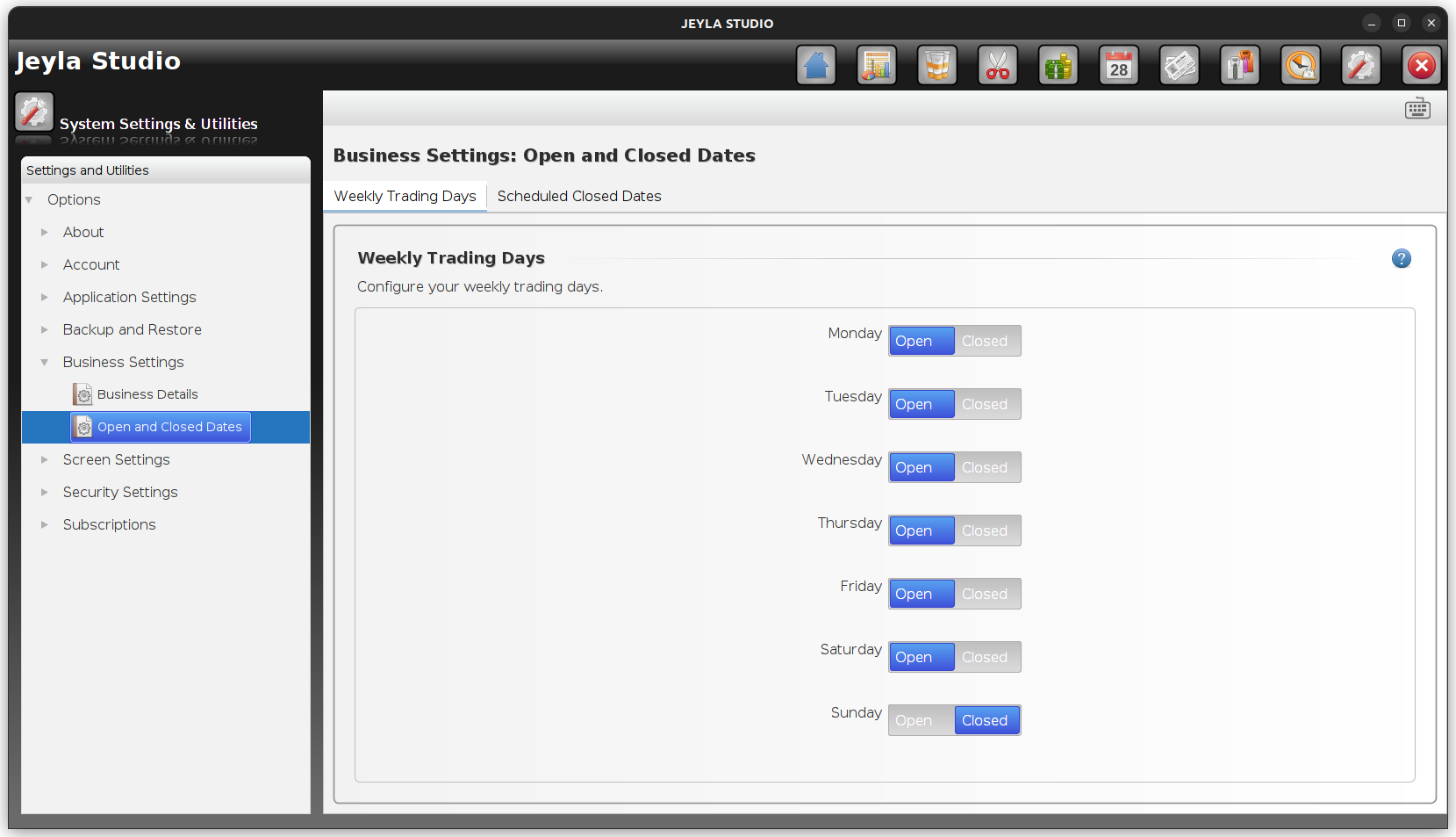 Jeyla Studio salon software - settings screen