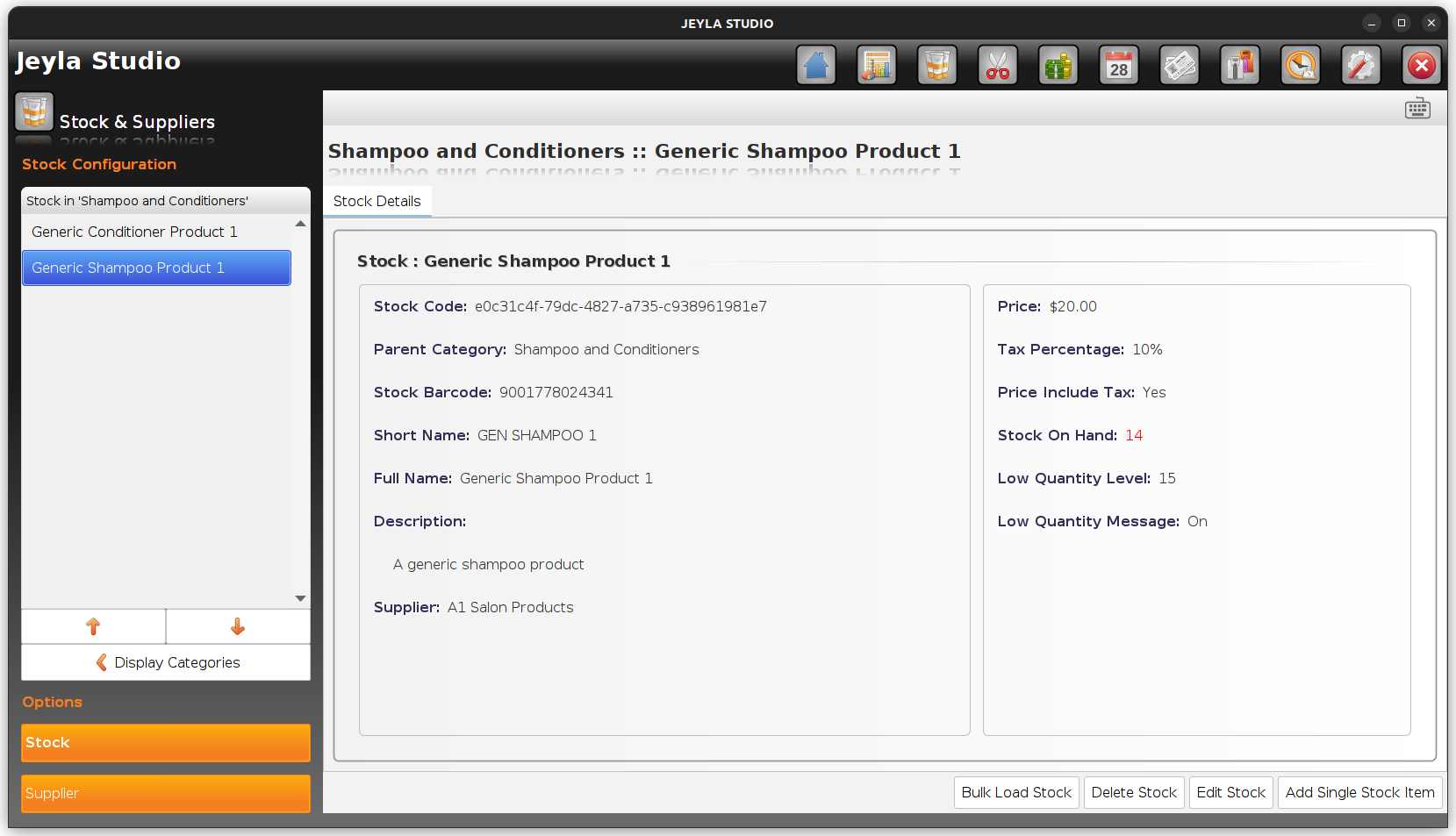 Jeyla Studio salon software - stock management screen